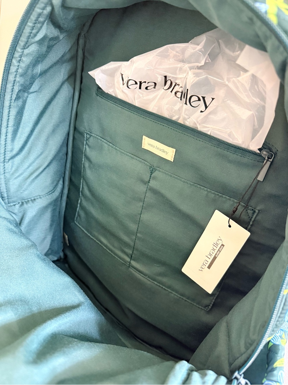 Vera Bradley Dark Green Backpack with Light Blue Floral Print - Picture 7 of 13
